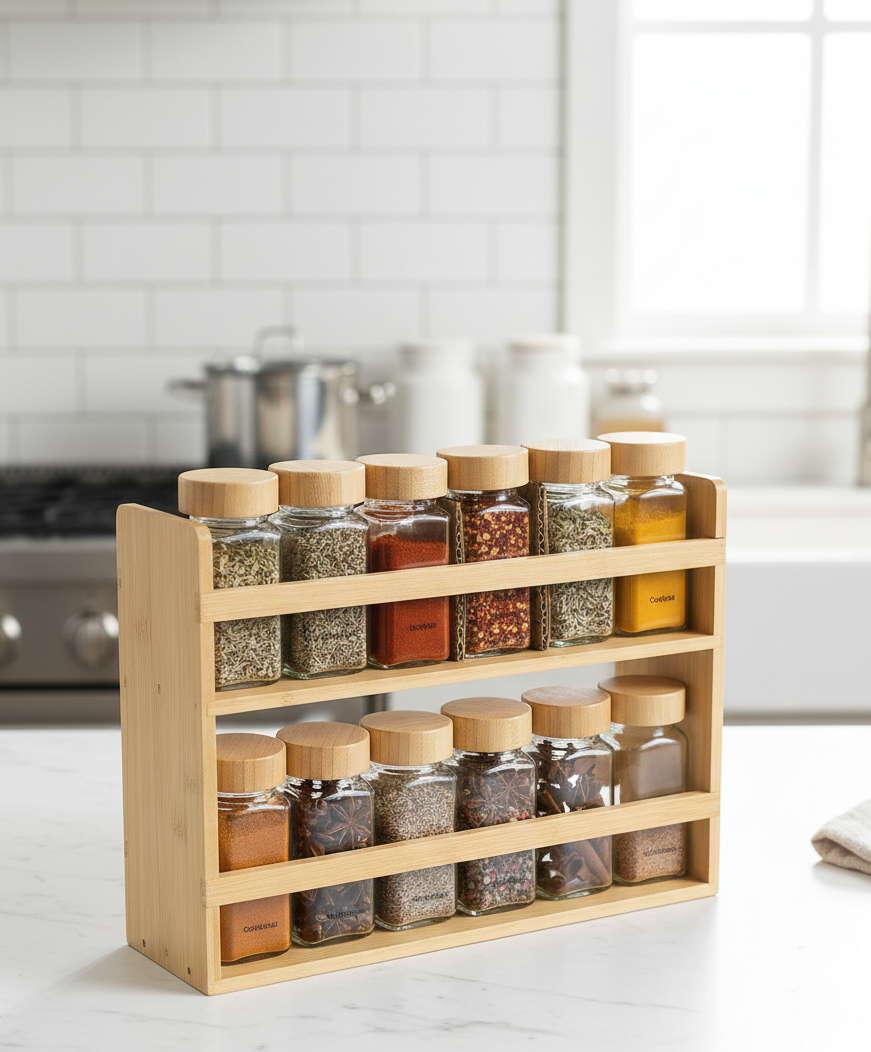 12-in-1 Wooden Spice Rack with Glass Jars, Durable and Water-Resistant, Kitchen Organization