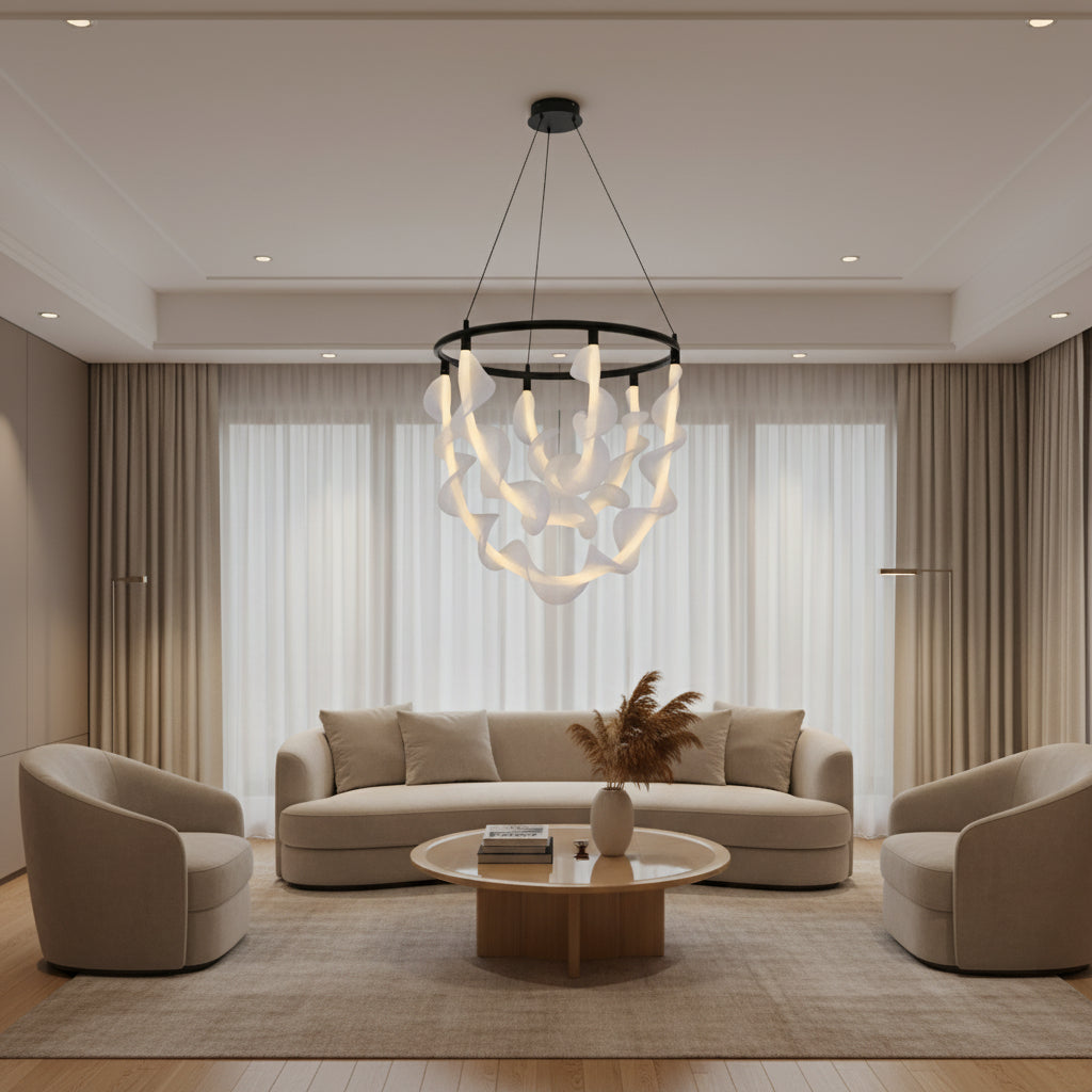 Wave LED ring pendant light with black circular frame and illuminated acrylic ribbon elements suspended from adjustable cables for modern interior lighting
