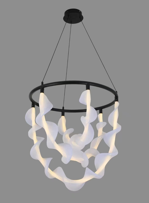 Wave LED ring pendant light with black circular frame and illuminated acrylic ribbon elements suspended from adjustable cables for modern interior lighting