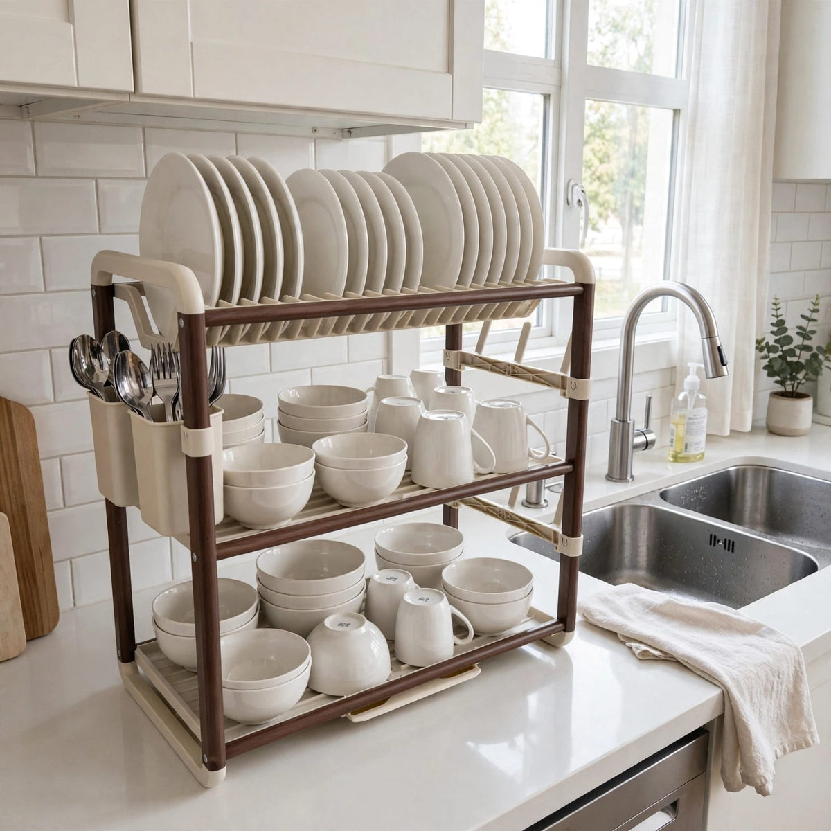 Gemelli Collections 3 tier aluminium dish drying rack with drainer silver frame beige trays plate rack cutlery holder and mug hooks.
