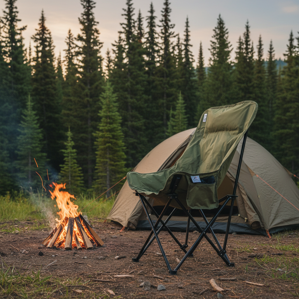 Gemelli Collections foldable high-back camping chair FC 104 with olive green padded fabric seat, side storage pocket, non-slip feet, and black metal X-frame.