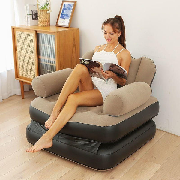 5-in-1 Inflatable Couch Sofa Bed – Brown Waterproof Pull-Out Chair with L-Shaped Armrest and Electric Pump