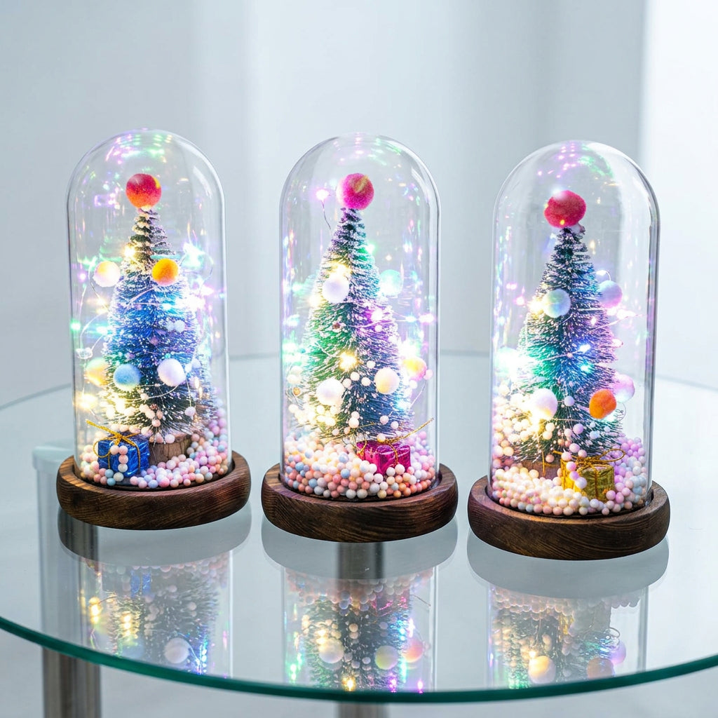 3pcs Christmas Tree Glass Dome Decoration with LED Lights and Santa Claus