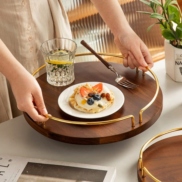 Serving Tray, Round Bamboo Wooden with Metal Handles