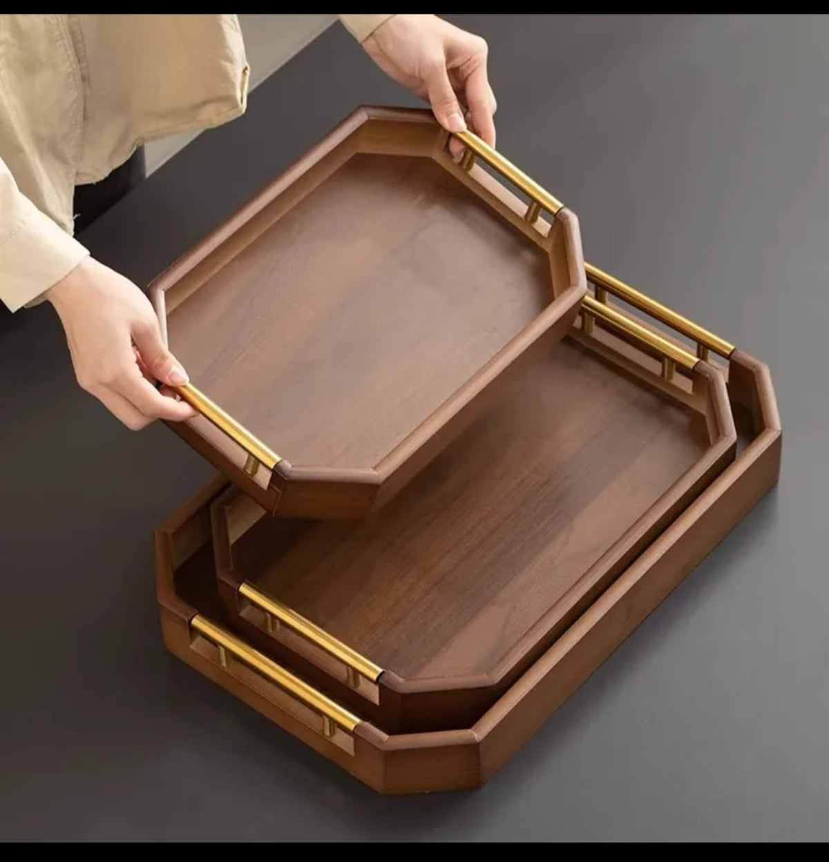 3-piece wooden serving tray set with gold metal handles for food and drink serving