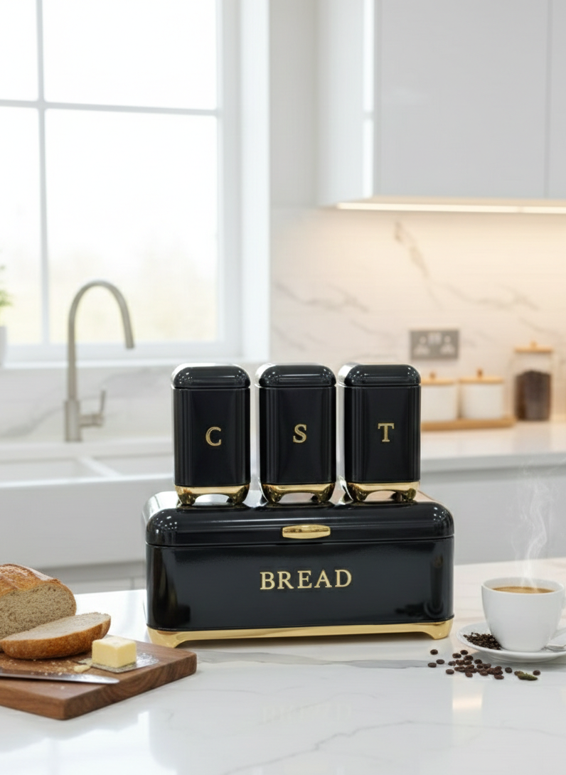 Bread bin with three canister set featuring gold accents in black, white, blue, and red for kitchen storage.