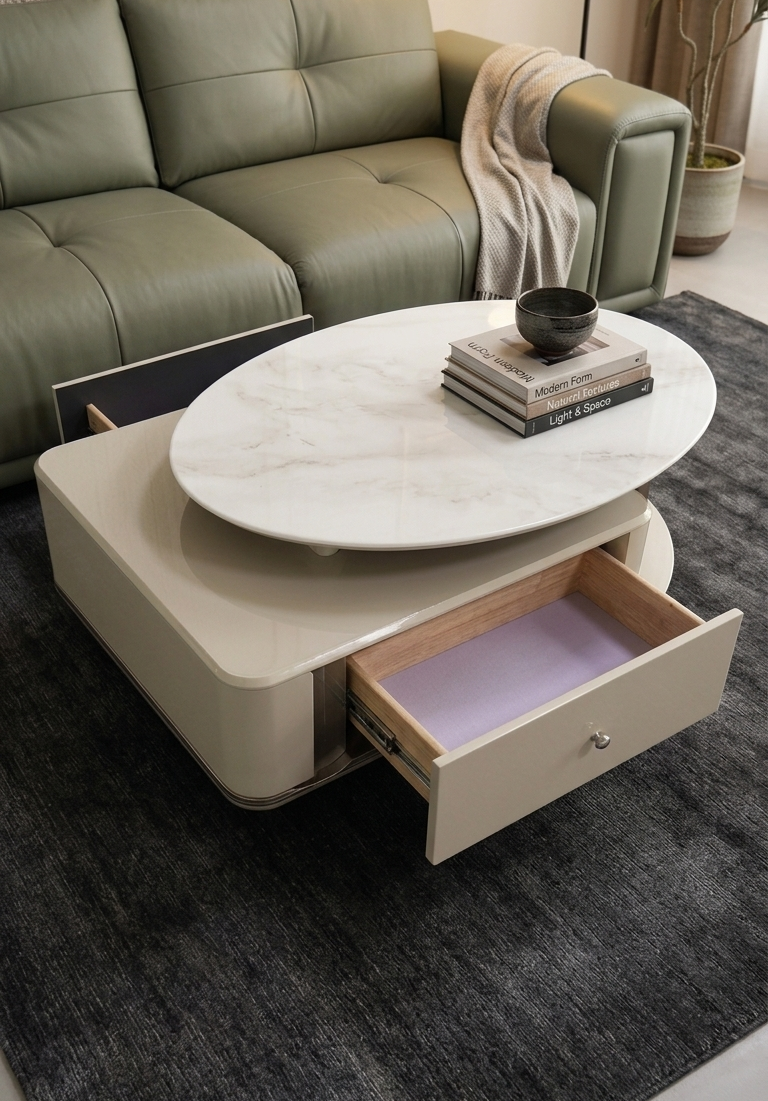 Porcelain coffee table with two drawers, elegant modern design for living room storage and décor