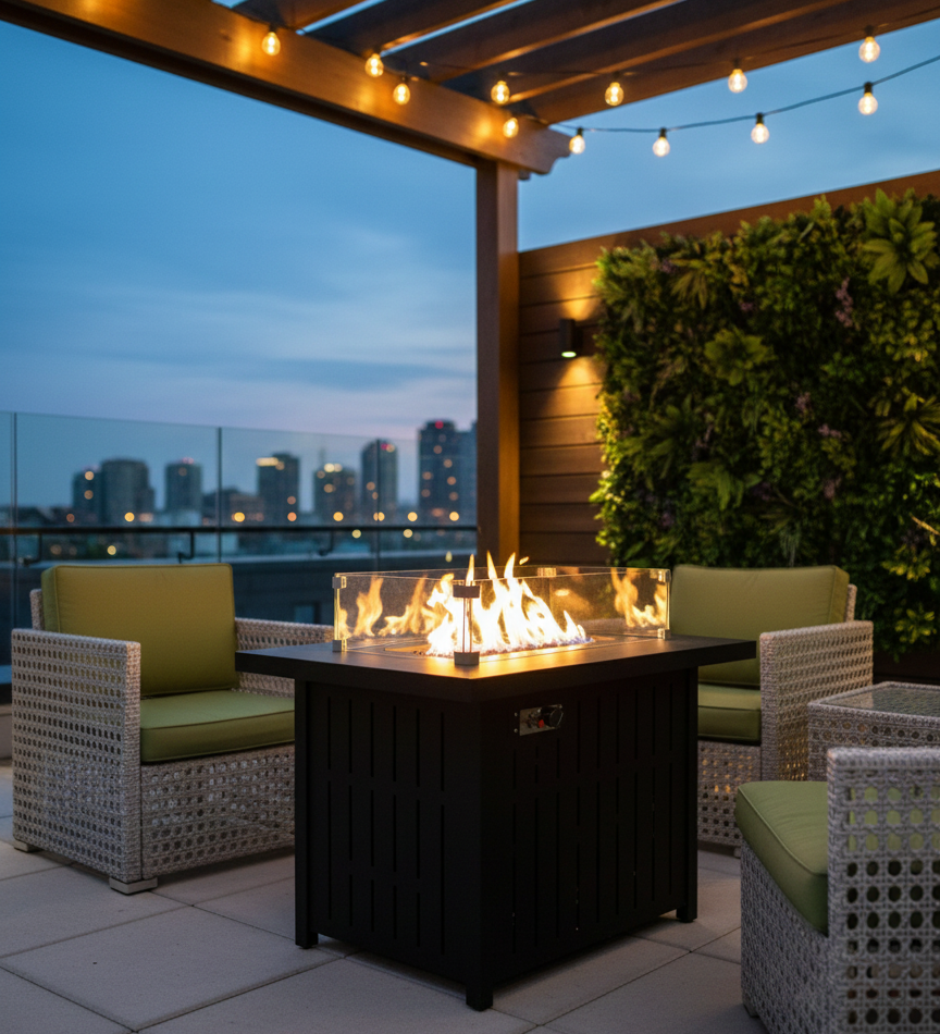 lack rectangular propane fire pit table with glass wind guard and tempered glass top.