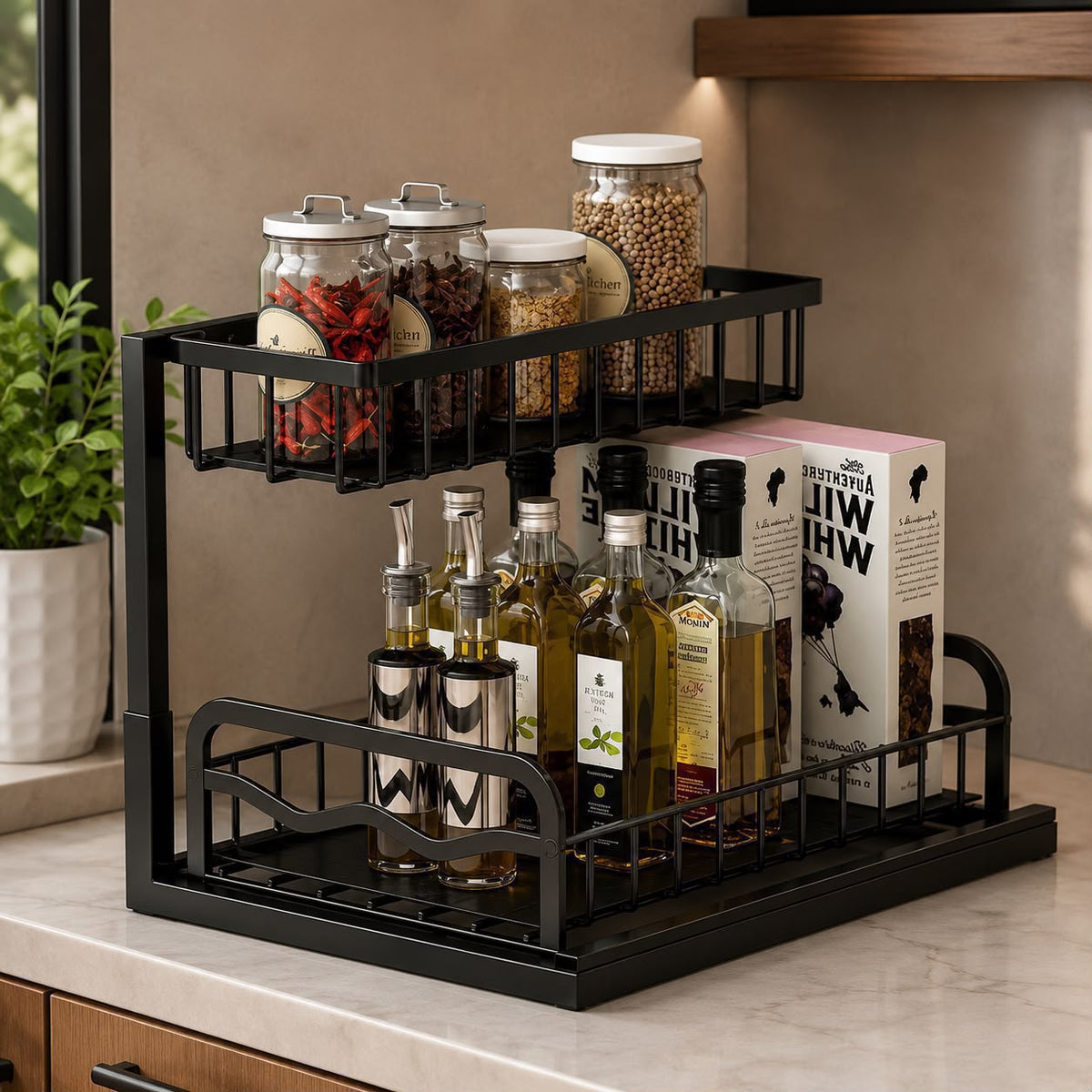 2-tier cabinet spice rack organizer heavy-duty rust-resistant kitchen storage shelf for spices condiments seasoning jars and countertop or cabinet organisation.