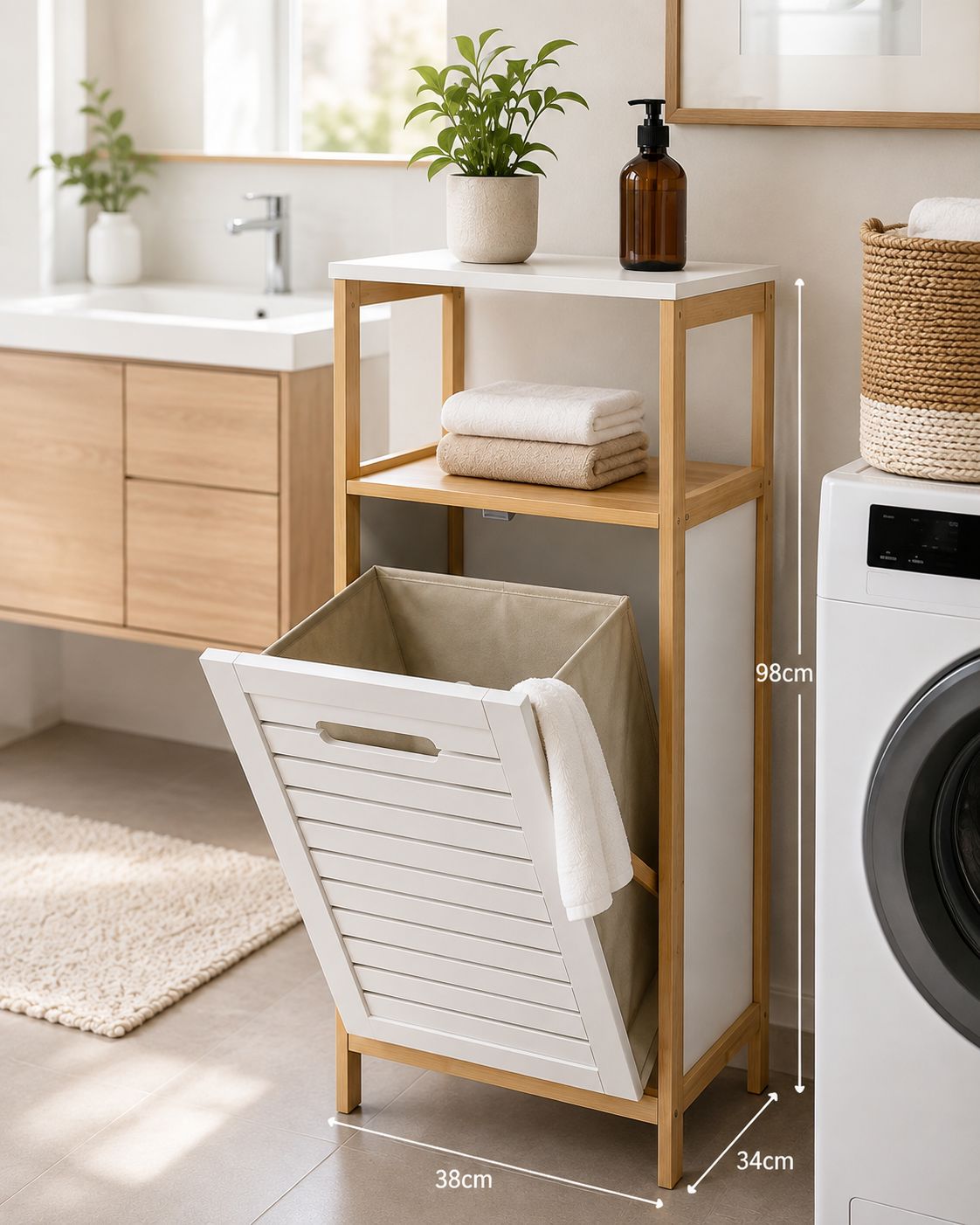 Multifunctional Bamboo Laundry & Storage Cabinet with Removable Basket 98cm x 34cm x 38cm