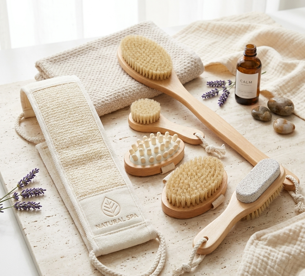 Gemelli Colllection 6 in 1 dry brushing set body exfoliating brushes detachable handle lymphatic drainage spa self care skin brushing kit shower exfoliation tools
