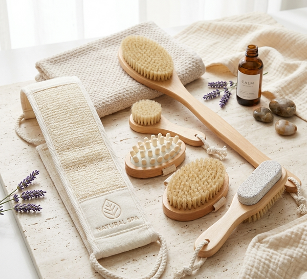 Gemelli Colllection 6 in 1 dry brushing set body exfoliating brushes detachable handle lymphatic drainage spa self care skin brushing kit shower exfoliation tools