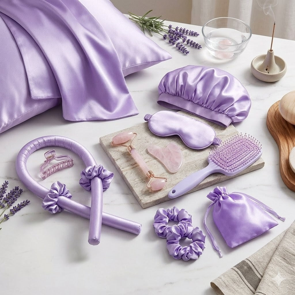 13-piece satin silk beauty sleep set designed for hair and skin care during sleep