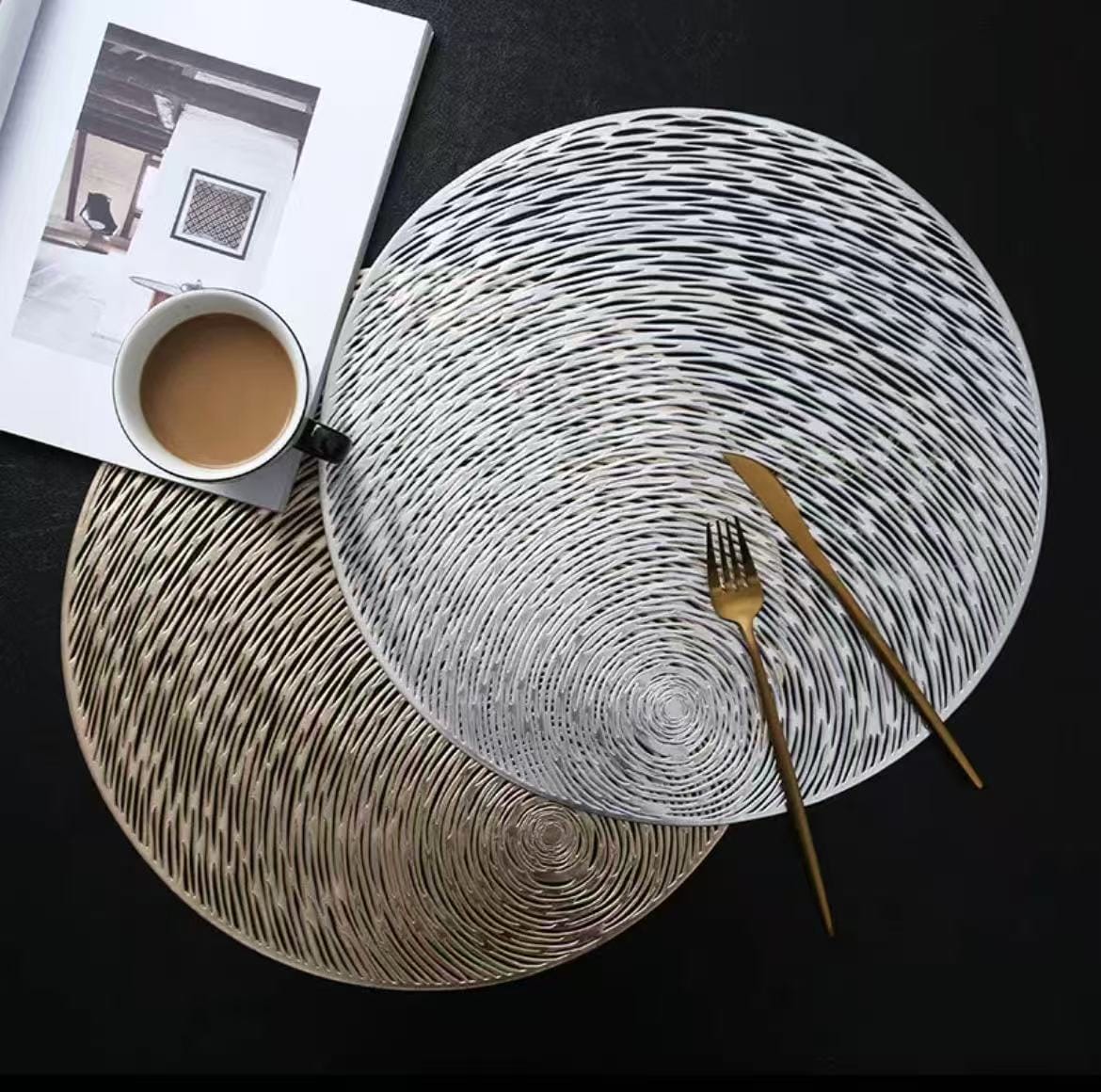 Set of 6 stylish PVC table mats, heat-resistant and non-slip, ideal for dining tables, bowls, and coasters.