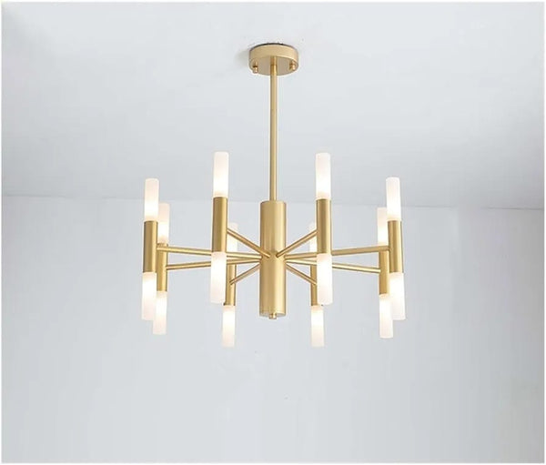 Brass geometric tube sputnik chandelier with 12 frosted LED tubes in a two-tier radial design for modern ambient interior lighting.