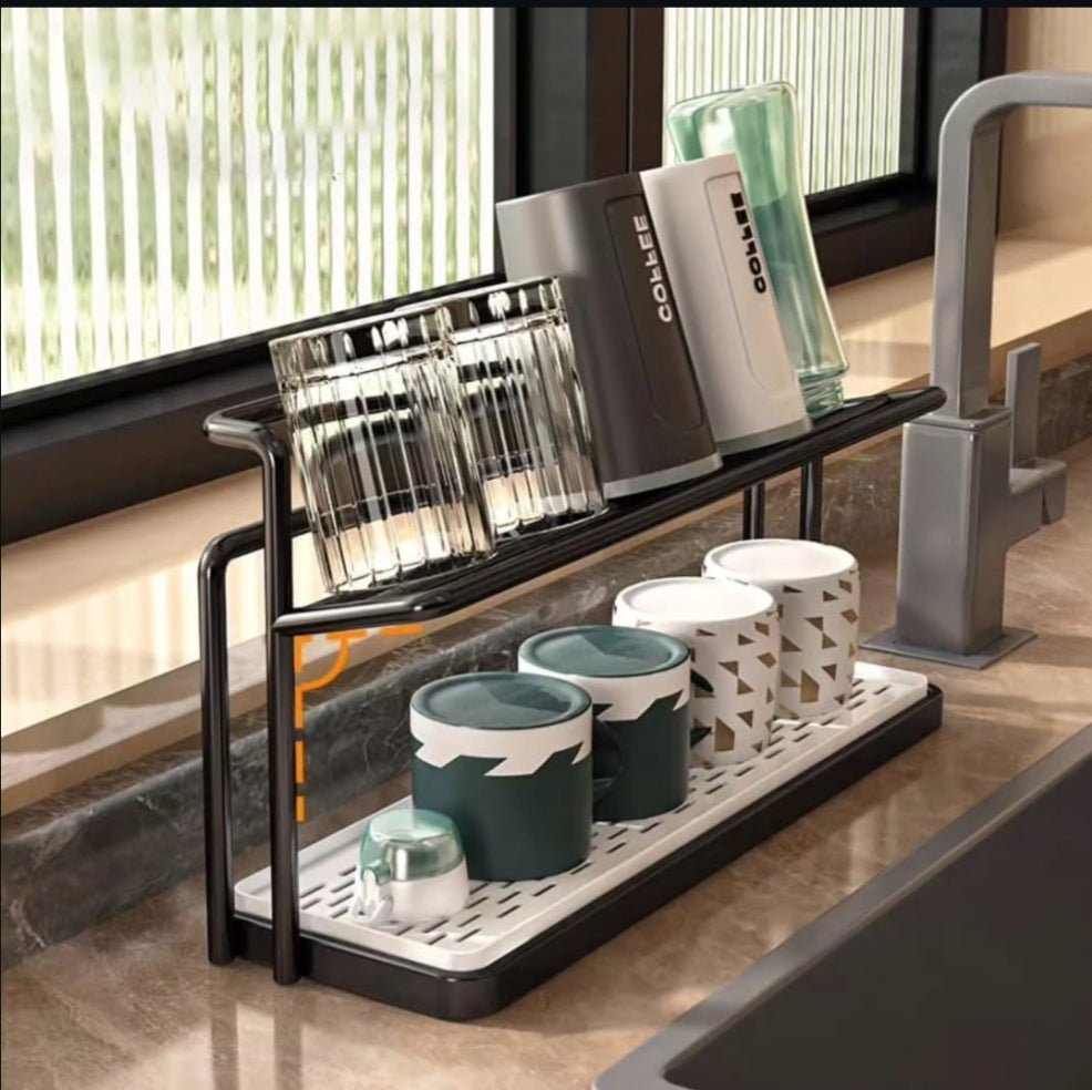 Gemelli Collections Double Layer Kitchen Countertop Storage Rack with Cup Holder, two-tier kitchen organiser for spices, mugs, condiments and countertop storage.