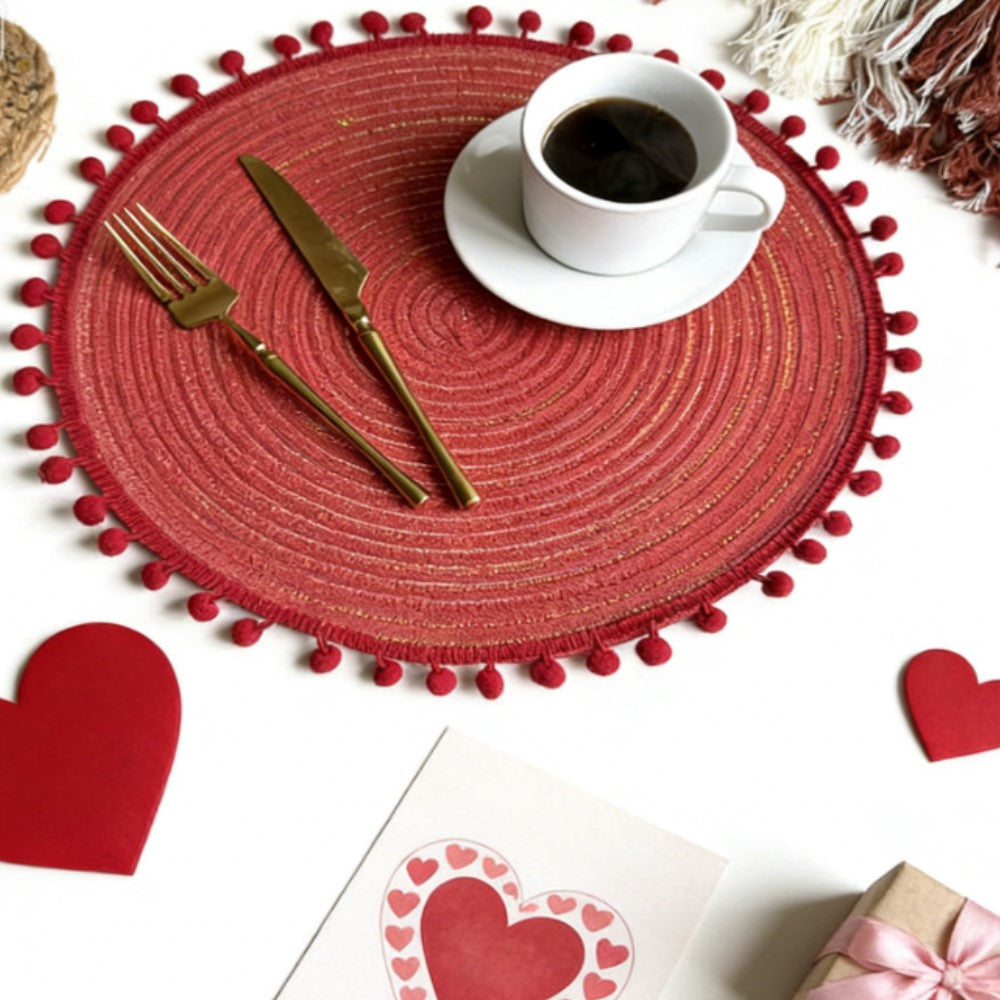 Set of 3 Red Round Woven Placemats with Pom Pom Trim