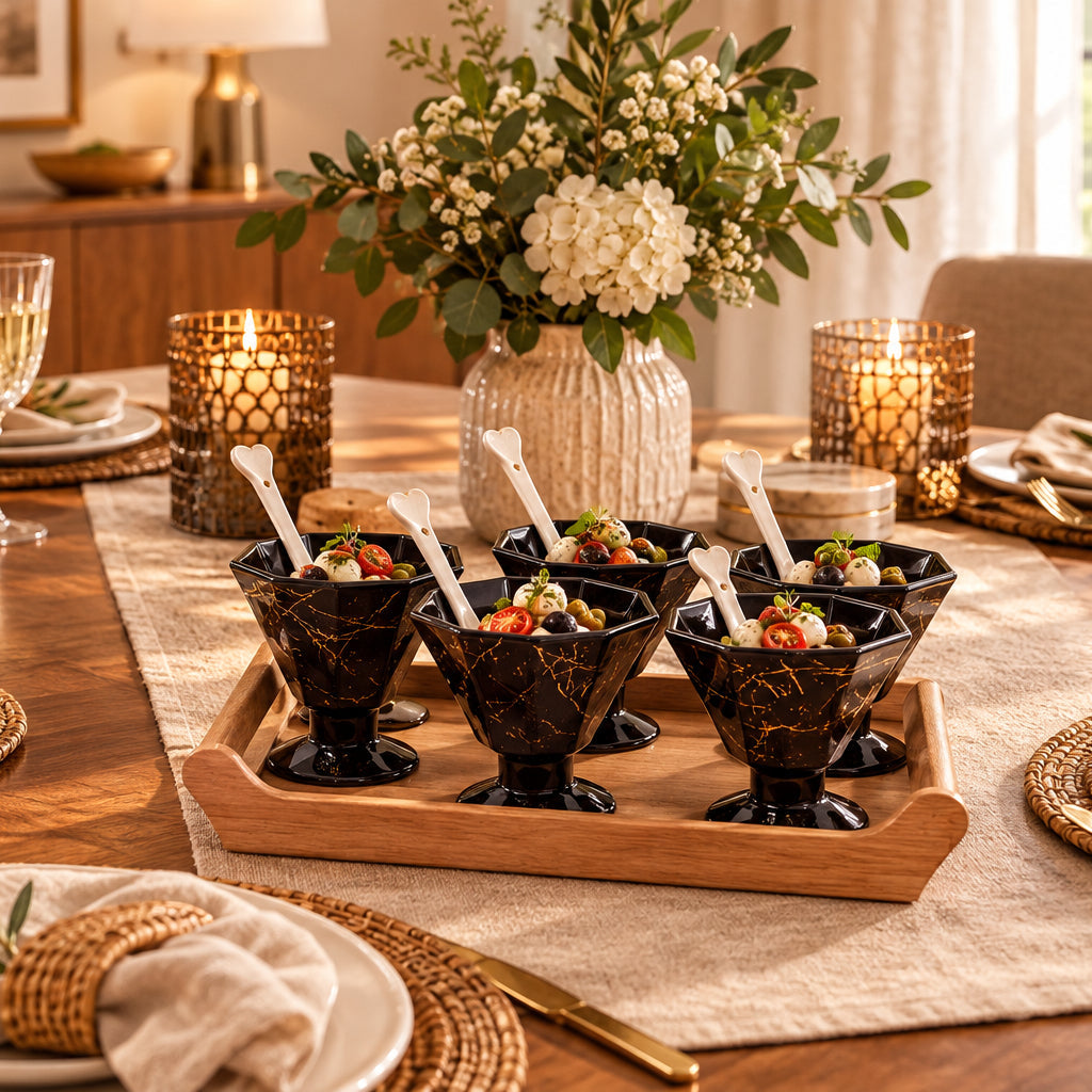 6pcs Ice Cream Cups With Ceramic Spoons And Bamboo Rack Set