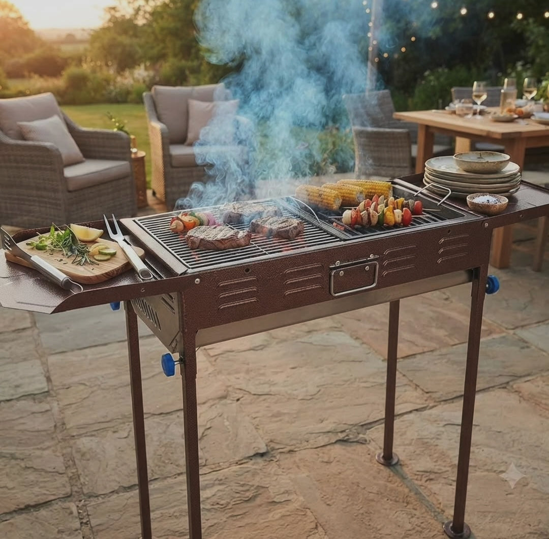 Portable folding charcoal BBQ grill with side trays, heat-resistant metal outdoor grill in Coffee -Brand(Gemelli Collection)