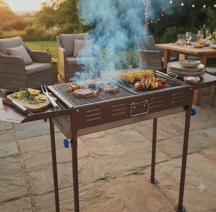 Portable folding charcoal BBQ grill with side trays, heat-resistant metal outdoor grill in Coffee -Brand(Gemelli Collection)