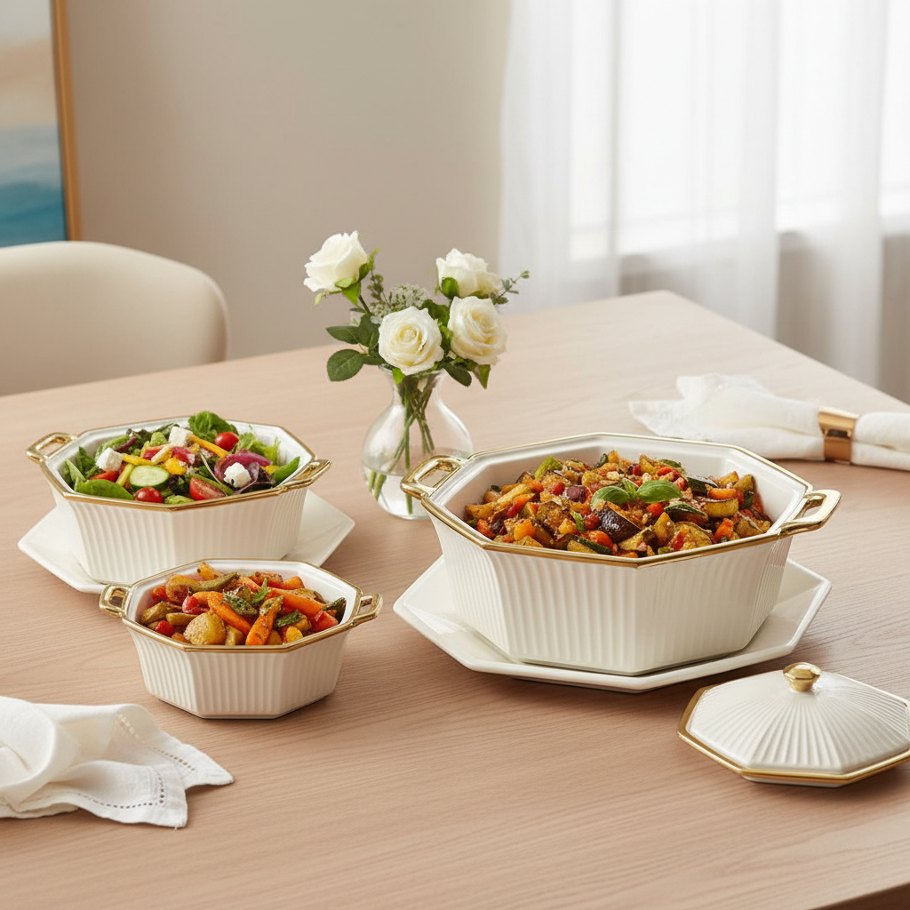 Three-piece ridged serving dishes set in different sizes