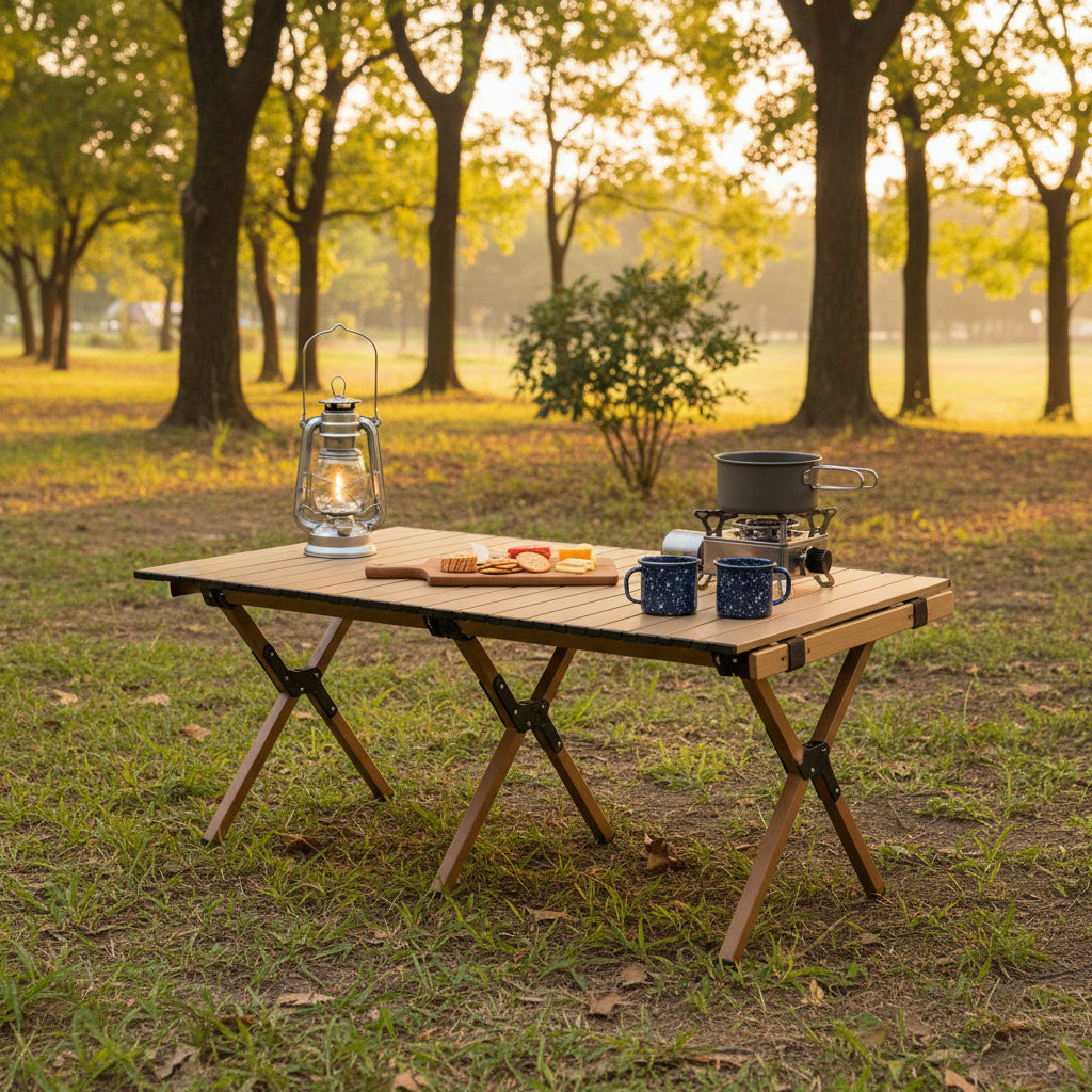 A rectangular folding table with a light beige slatted top and brown wooden legs, shown on a clean white background with the text 'FT101' below.