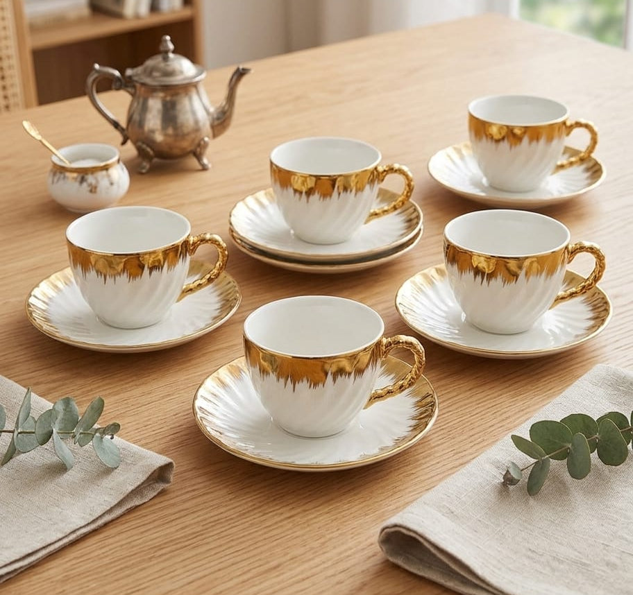 Gemelli Colllection 6pc cup and saucer shell set ceramic white gold tea coffee cups elegant shell design drinkware set luxury serving cups and saucers for home café gifting