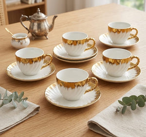 Gemelli Colllection 6pc cup and saucer shell set ceramic white gold tea coffee cups elegant shell design drinkware set luxury serving cups and saucers for home café gifting