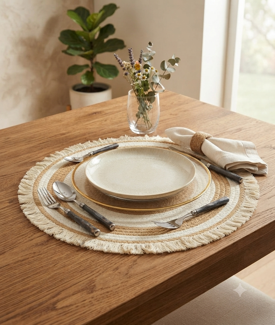 6 piece cotton rope woven table mat set in grey white and beige white for dining table protection and decorative table styling.