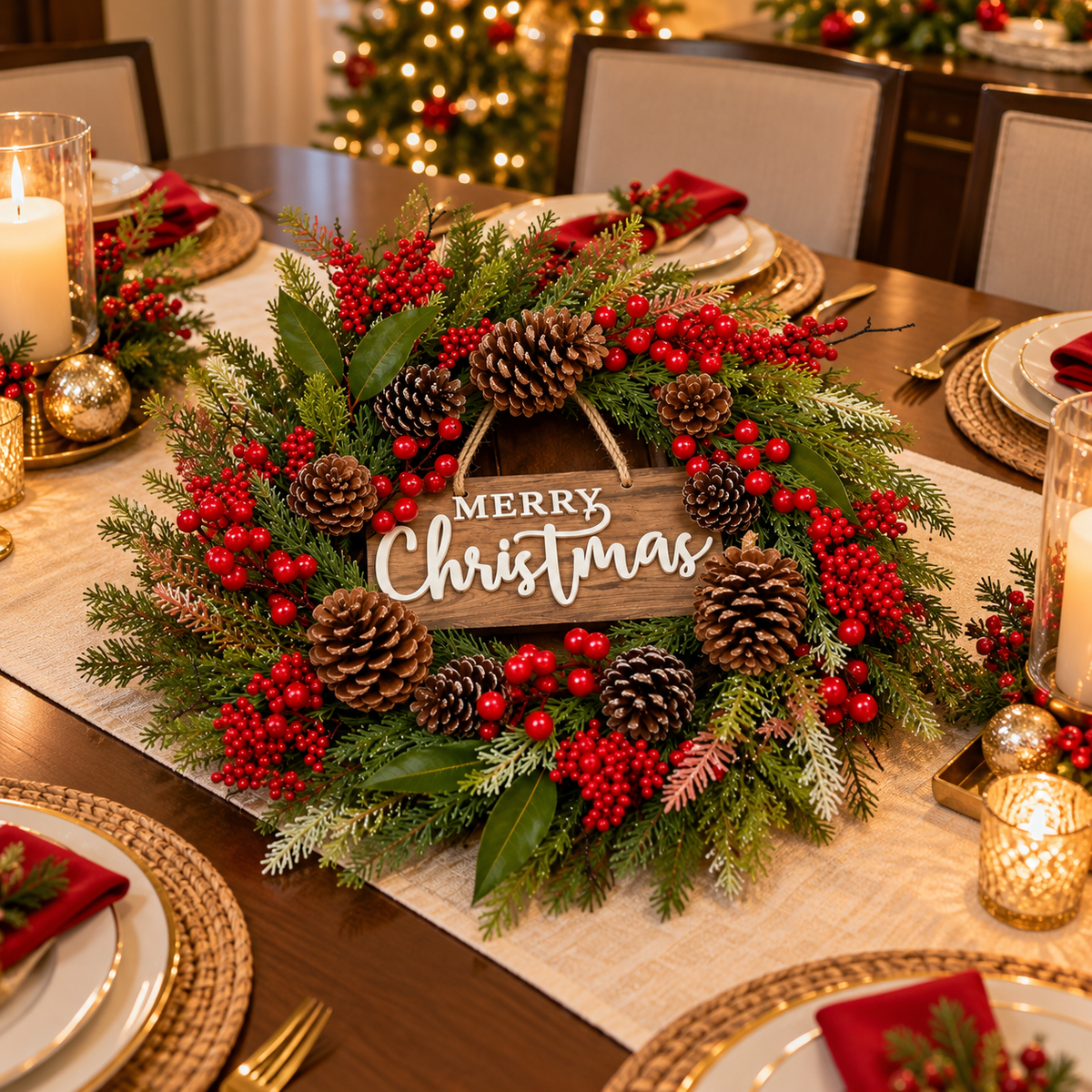 50cm Handmade Christmas Door Wreath with Pinecones and Red Berries