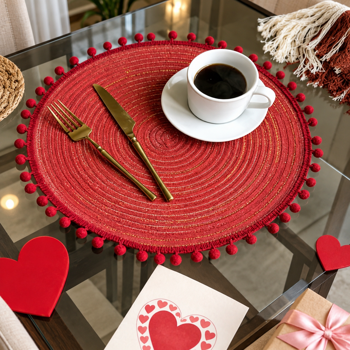 Set of 3 Red Round Woven Placemats with Pom Pom Trim
