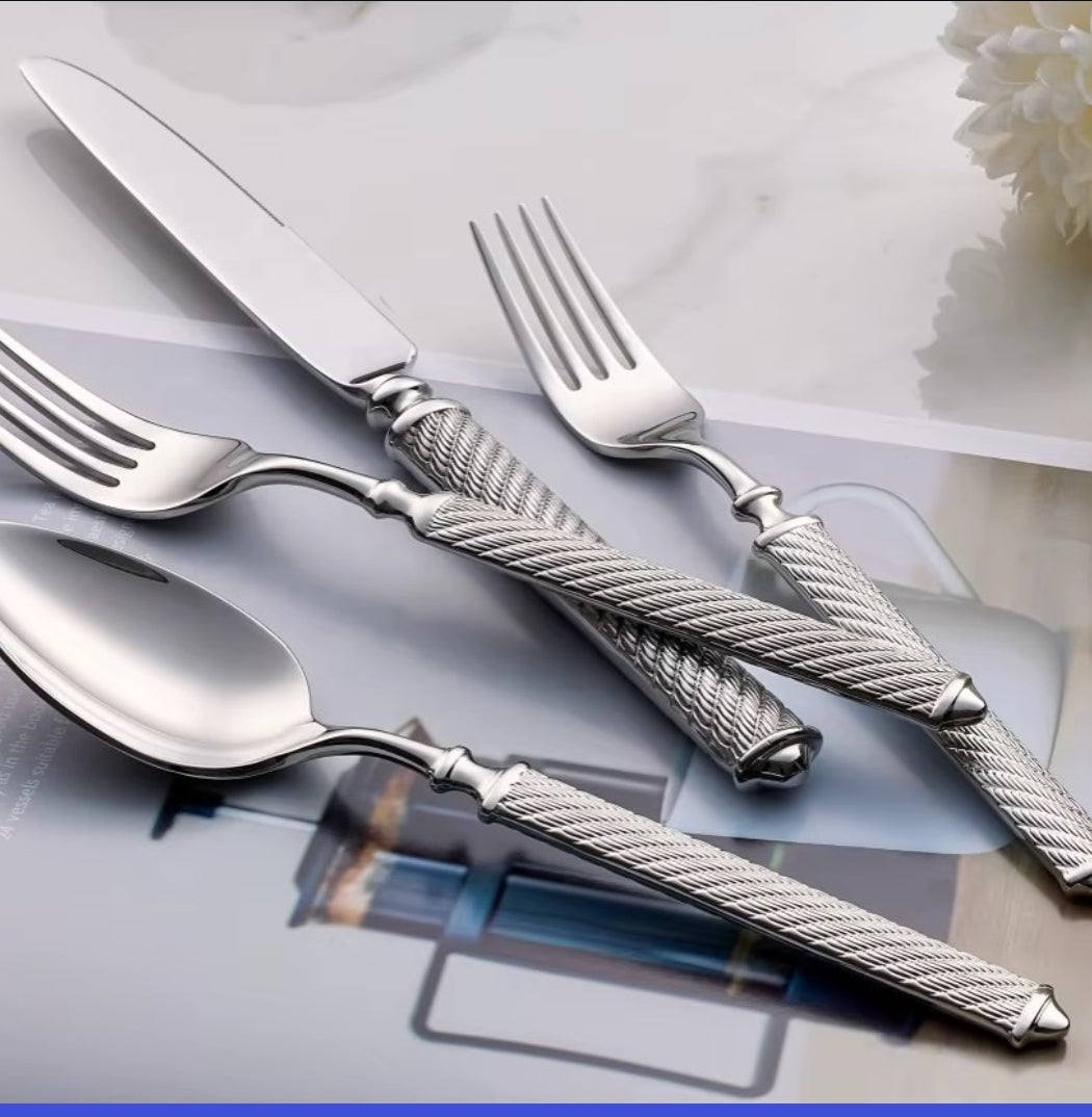 24-Piece Engraved Stainless Steel Cutlery Set in Silver
