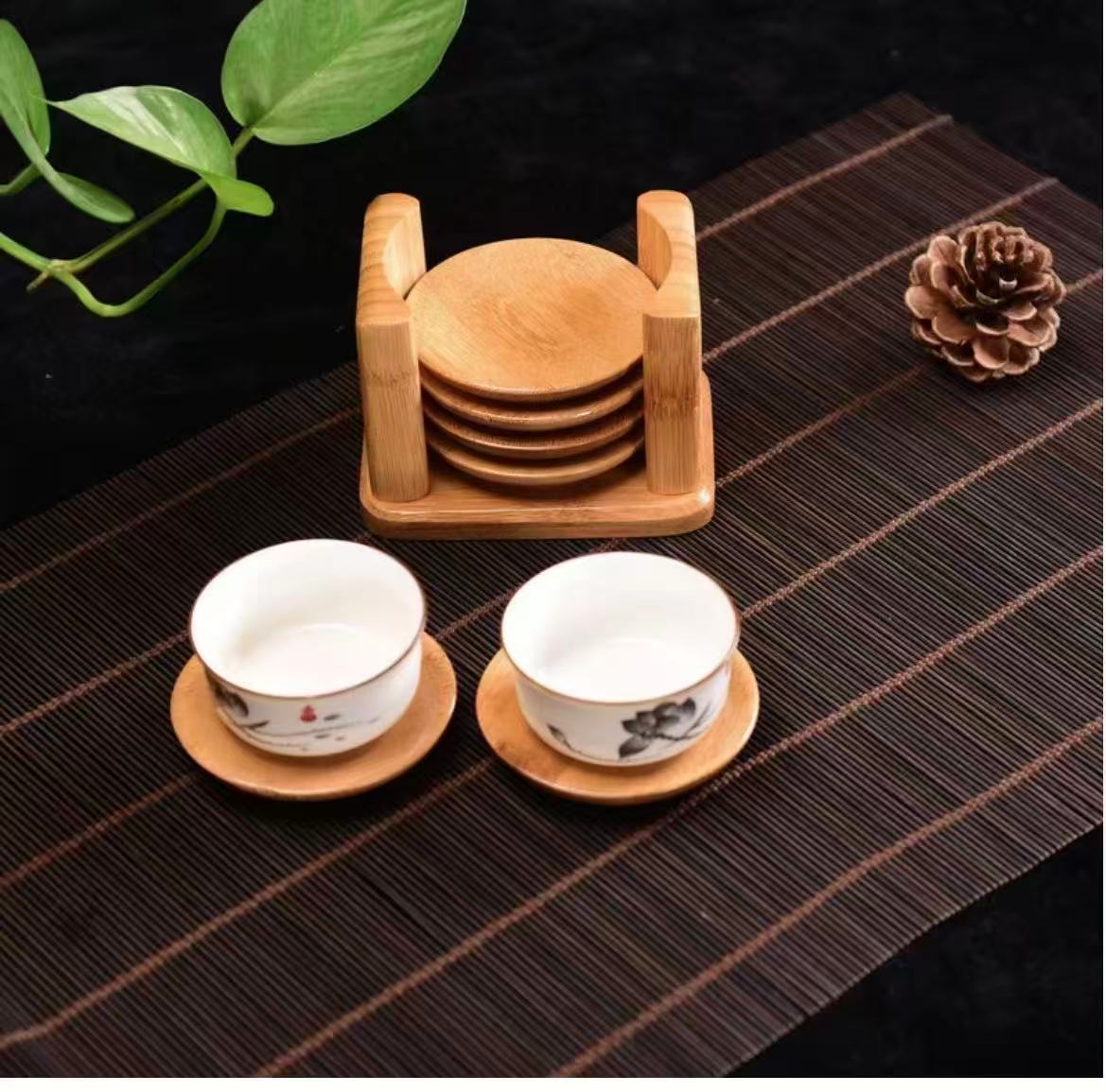 Gemelli Colllection bamboo coaster set natural wooden drink coasters with holder eco friendly cup coaster set table protection coffee mug coaster organiser dining table accessory