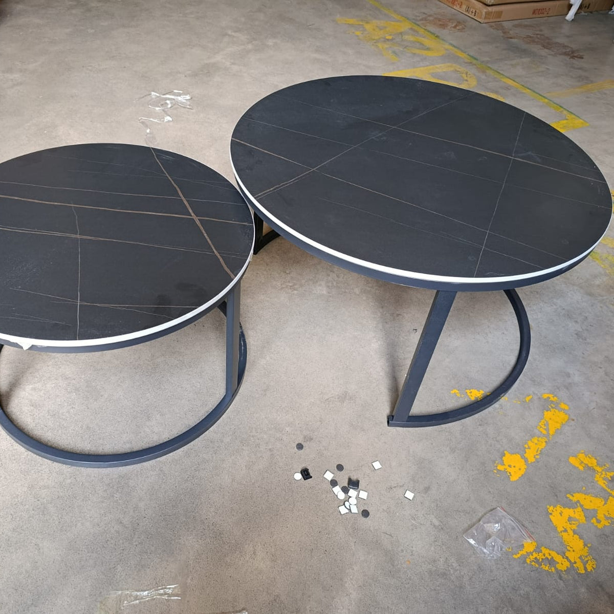 2-Piece Round Dark Grey Stone-Pattern Nesting Side Table Set FCT 005, dark grey stone-pattern top with black frame - available in Nairobi, Kenya