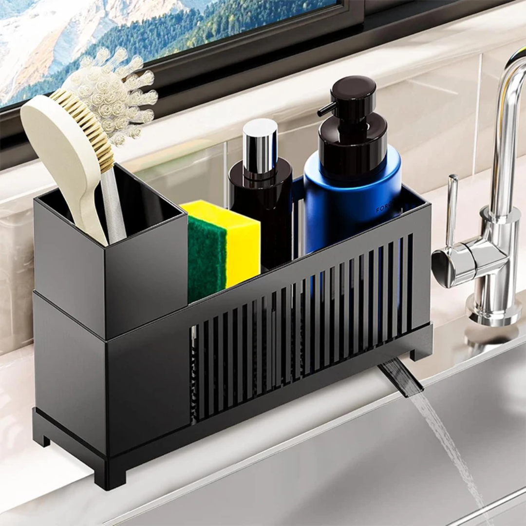 Black 2-in-1 non-rust PP sink caddy for organizing kitchen cleaning essentials.