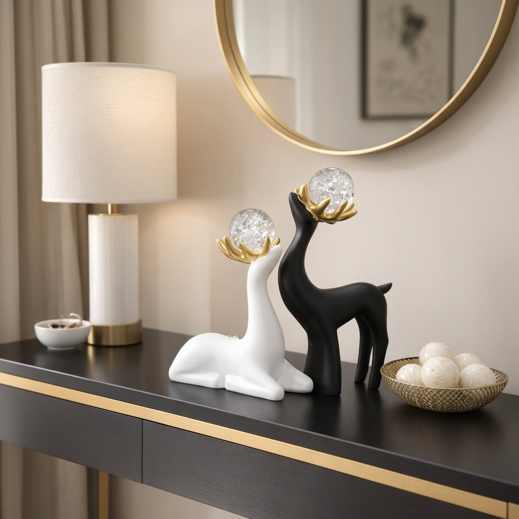 Crystal Sika deer decorative ornament with gold antlers elegant tabletop animal sculpture for living room office bookshelf desktop and modern home décor.