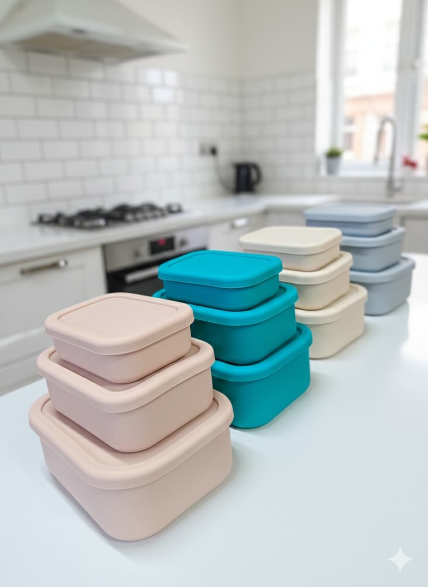 Leak proof food grade silicone lunch box set in three sizes suitable for microwave and fridge storage.