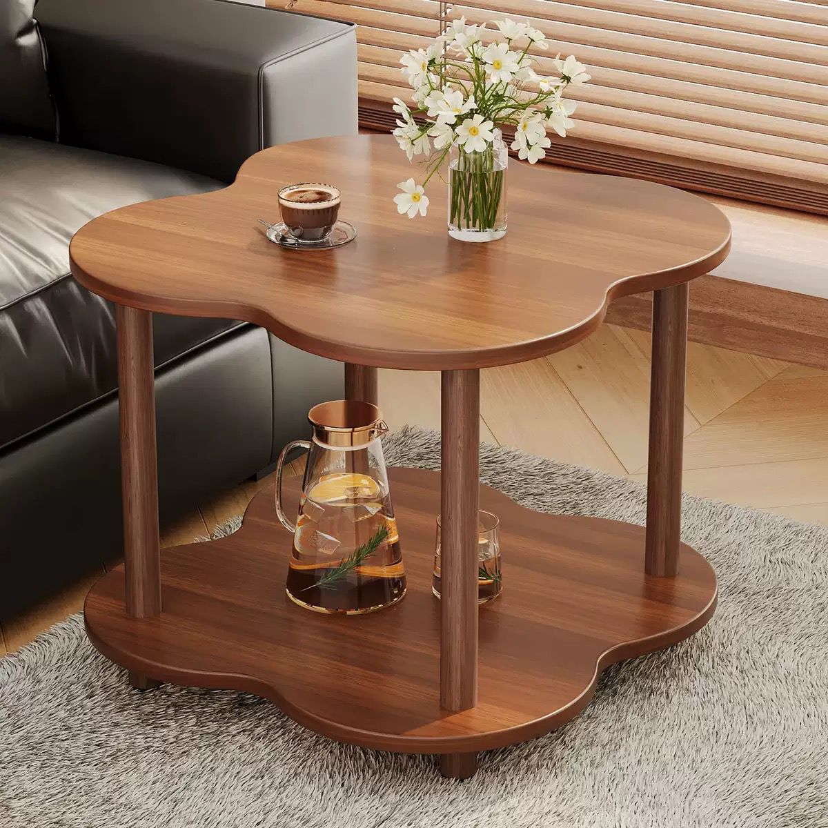 Modern Wooden Flower-Shaped Vintage Side Table, Multi-Functional Coffee Table and Nightstand for Small Living Rooms, Minimalist Wooden Furniture with Storage