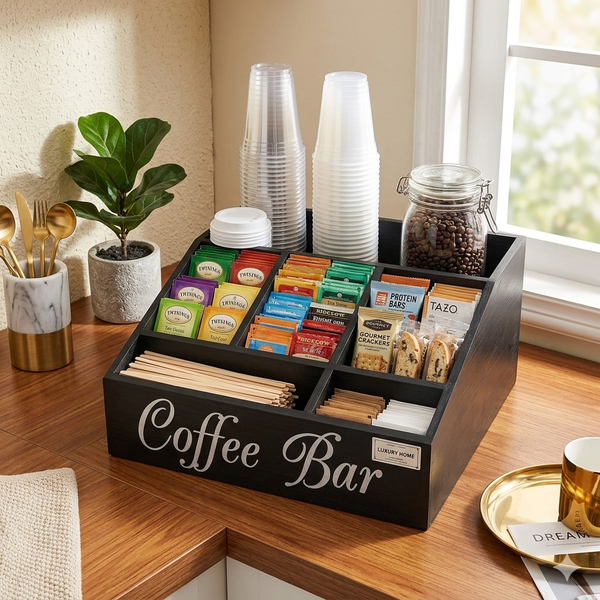 Gemelli Colllection 5 compartment wooden coffee station organizer coffee bar storage box cups sugar sachets spoon pods organiser rustic kitchen office café coffee station holder wood storage tray