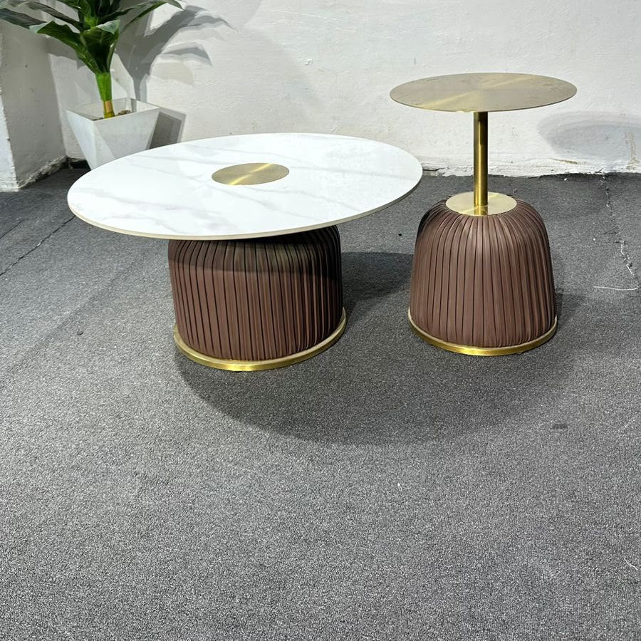 2-Piece  Marble & Aluminium Top with Pleated Fabric Base Nesting Side Table Set |