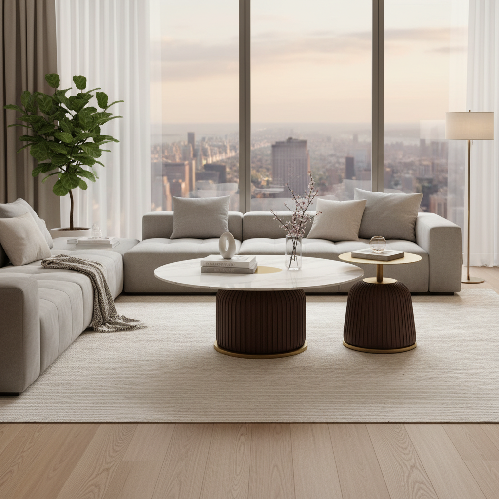 Gemelli Collections 2-piece luxury nesting side table set with white marble top, brass top, pleated fabric base, and gold accents in brown or cream finish.