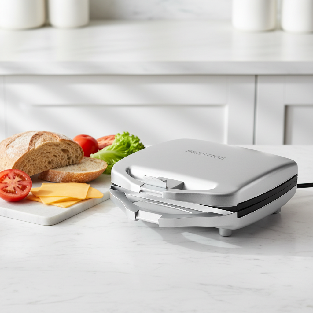 Silver sandwich toaster with 4-slice triangular plates and ready indicator light