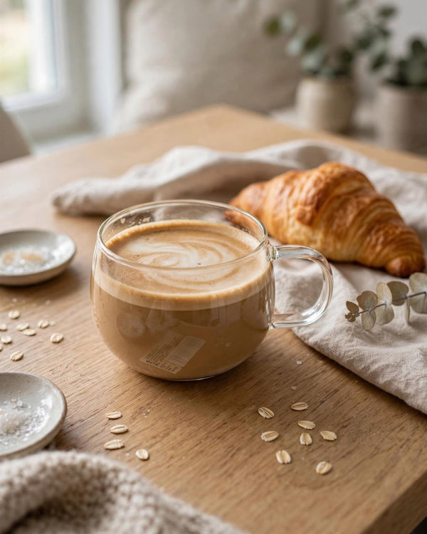 6-piece set of 400ml round clear borosilicate glass mugs with a small bulbous shape, suitable for coffee, tea, dawa and matcha.