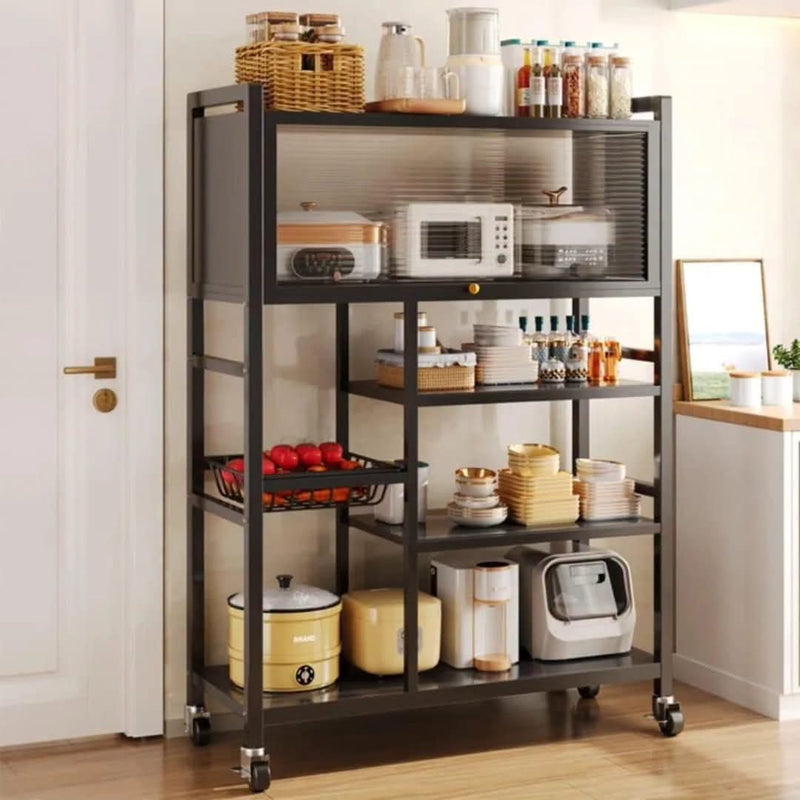 Gemelli Colllection heavy duty kitchen cabinet with wheels rust proof storage organiser featuring dust proof microwave compartment multiple shelves and rolling wheels for kitchen appliances utensils pantry essentials available in black and white