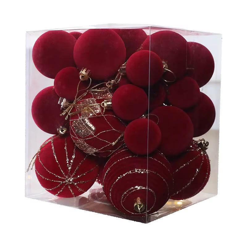 36 Pieces Burgundy Velvet Christmas Baubles with Gold Glitter Detailing