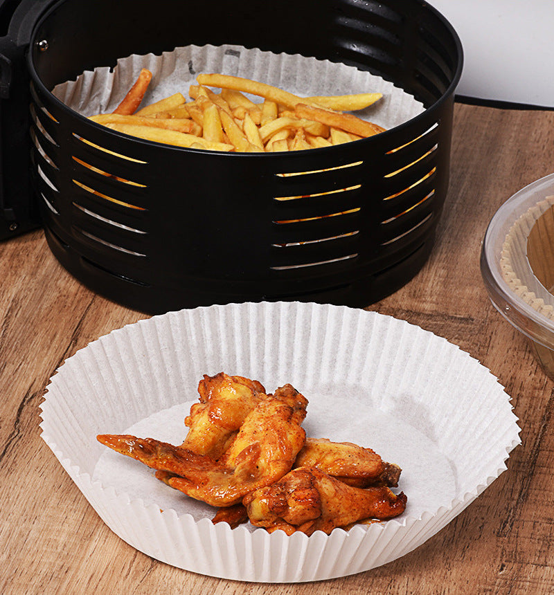 25-piece round air fryer paper liner with waterproof, oil-proof, and non-stick surface, available in white and cowhide colour for convenient air fryer cooking and cleanup.