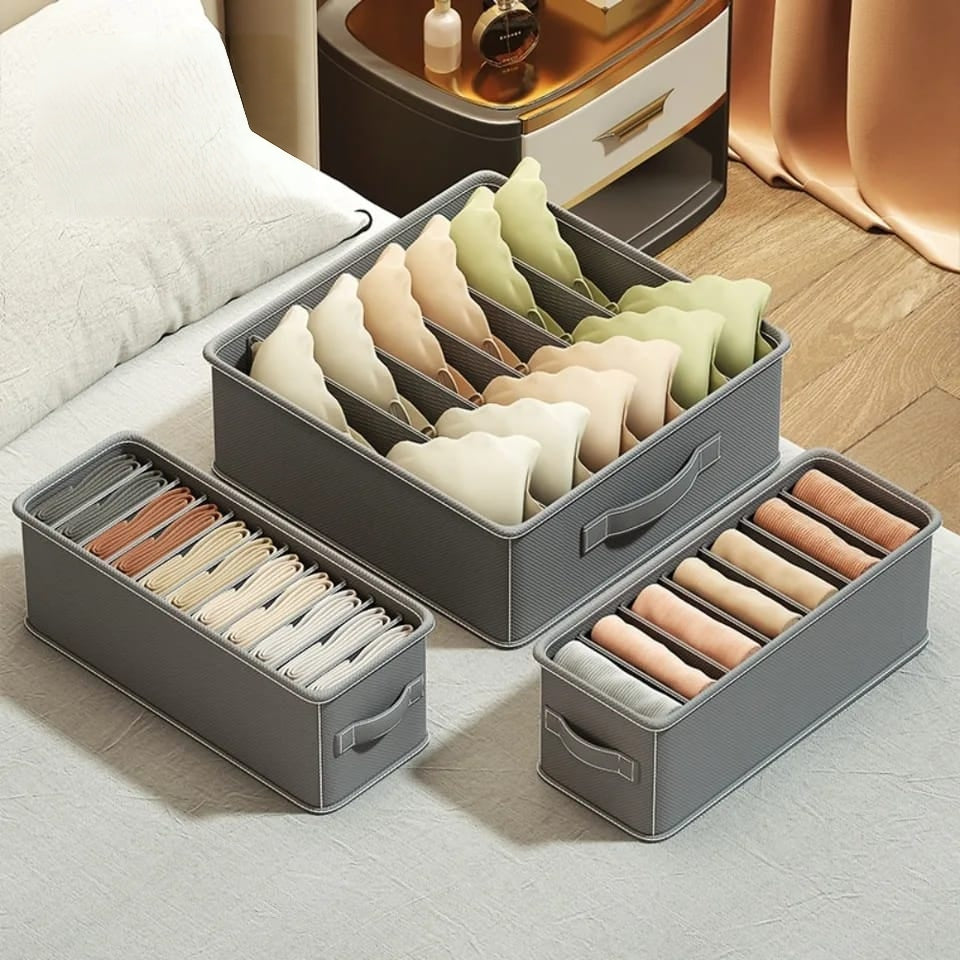 3 piece wardrobe storage box set with compartment organisers for bras underwear socks leggings and clothing accessories available in beige and grey.