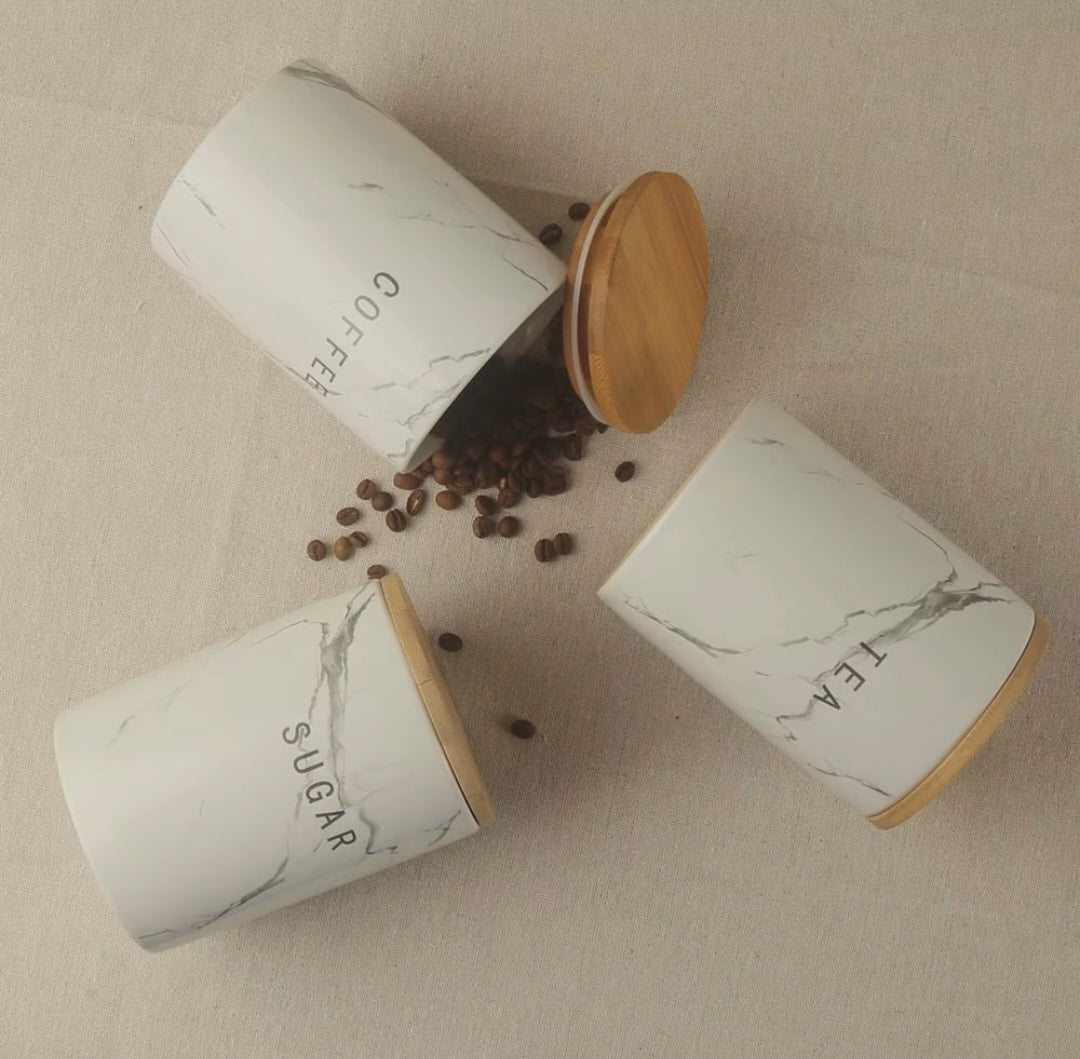 3-Piece Marble Ceramic Canister Set with Bamboo Lids