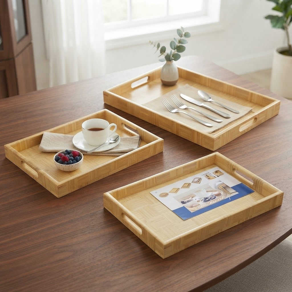 Gemelli Collections 3 piece bamboo serving tray set with woven parquet pattern built in handles and nesting design for household use and décor.