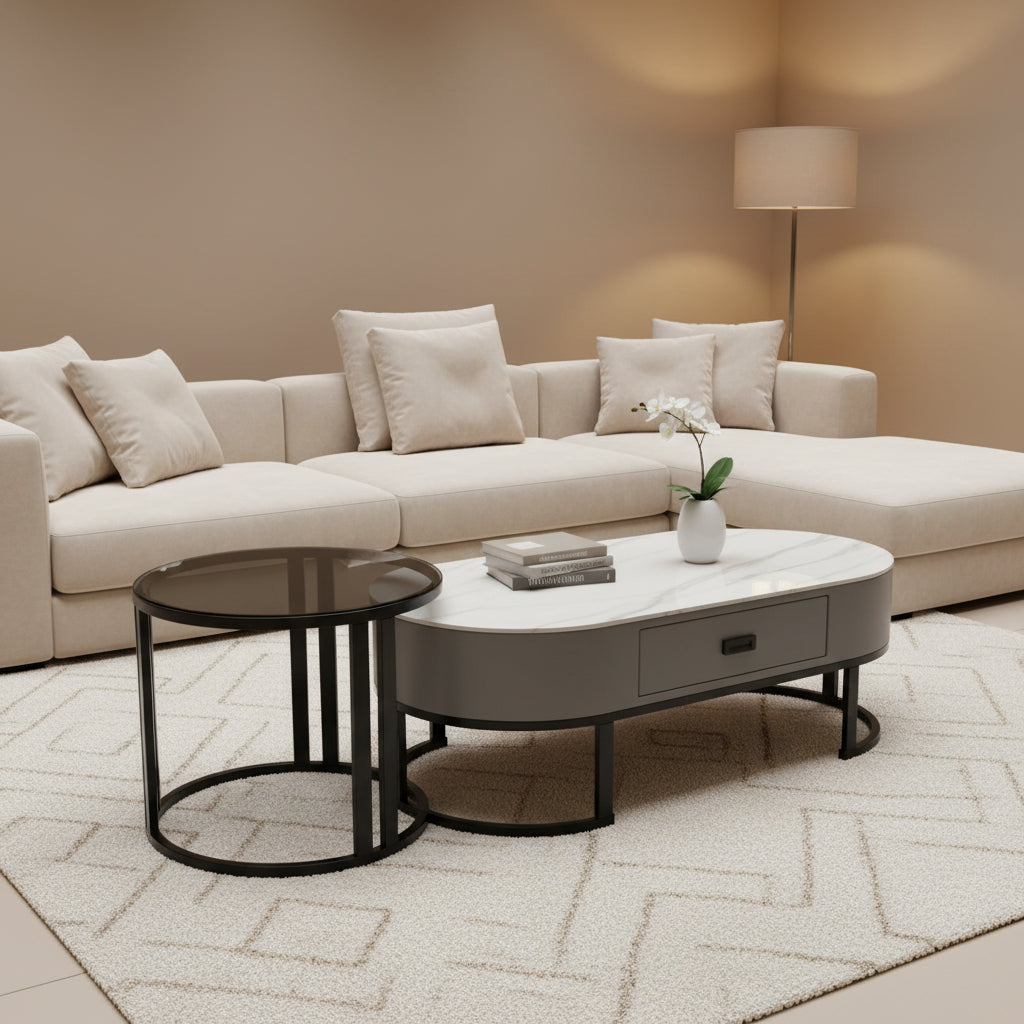 Gemelli Collections oval coffee table set FCT 002 with marble-pattern top, grey storage drawer, smoked glass side table, and black metal frame.
